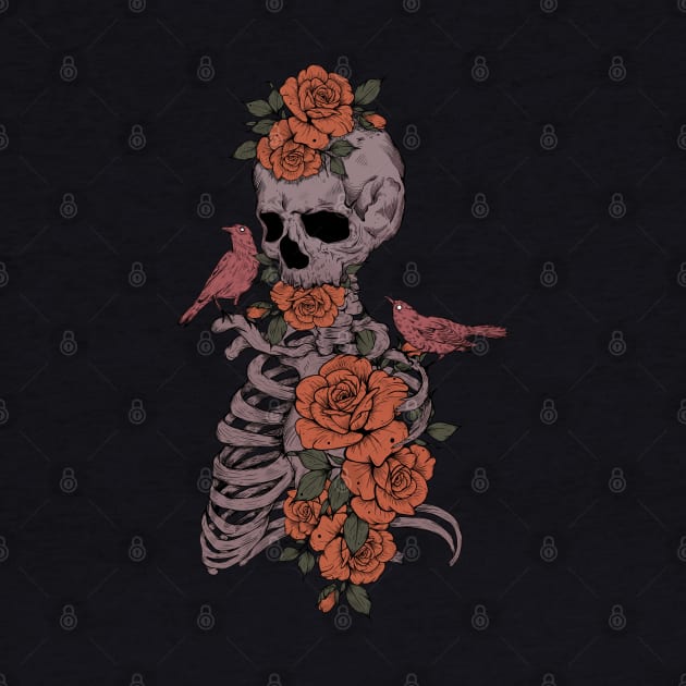 Floral Skeleton and birds by Jess Adams